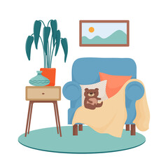 Scandinavian living room design, big armchair with pillows, teddy bear, painting, carpet, side table with houseplant and vase, cozy urban jungle concept, flat vector illustration on white background