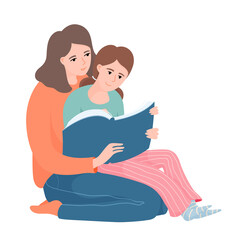 Mother and daughter reading together, kid sitting on her mother knees, pointing to something in the book, flat cartoon vector illustration isolated on white background. Mom and daughter reading
