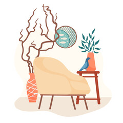 Scandinavian interior design with retro style armchair, side table, houseplant, round picture, bird figurine and beautiful twigs in a floor standing vase, flat vector illustration on white background