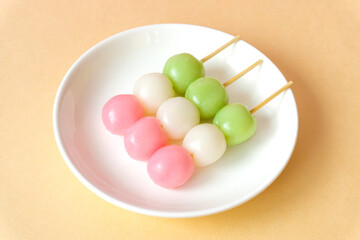 Japanese sweet. Three Colour Dango Dumplings.  日本の甘味。三色団子