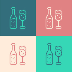 Pop art line Beer bottle and glass icon isolated on color background. Alcohol Drink symbol. Vector.