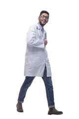 happy doctor with a stethoscope striding forward.