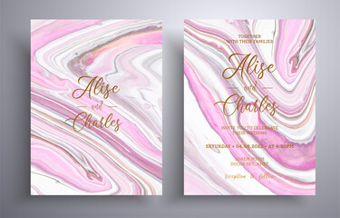 Beautiful collection of wedding invitations with stone texture. Mineral vector covers with marble effect and place for text, pink, gray and white colors. Designed for posters, packaging and etc