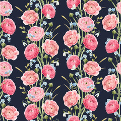 Naklejka premium Beautiful vector seamless floral pattern with watercolor gentle red summer flowers. Stock illustration.