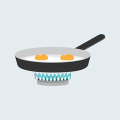 Fried eggs are cooked in a frying pan gas burner vector illustration.