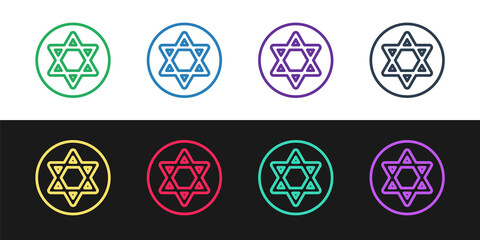 Set line Star of David icon isolated on black and white background. Jewish religion symbol. Symbol of Israel. Vector.