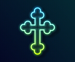 Obraz premium Glowing neon line Christian cross icon isolated on black background. Church cross. Vector.