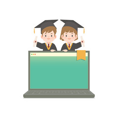 A boy and a girl in graduation gown stand on the laptop illustration vector blank banner sign frame on white background. Education concept