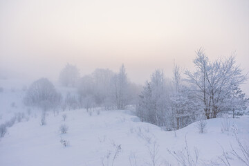 Winter landscape with fog. Warm cold sunrise landscape