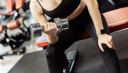 Fit woman training biceps, doing concentrated lifting dumbbell for biceps while sitting on a bench in the gym