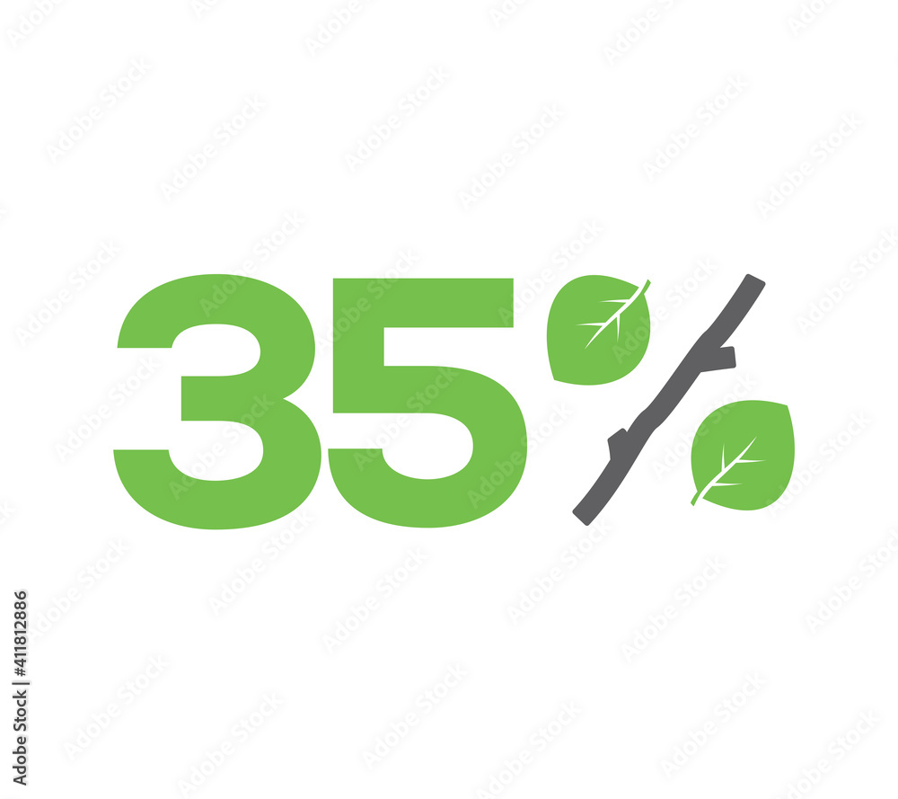 Poster Vector green 35% text designed with leaves and a stick (branch) percent icon isolated on white background. For spring sale campaigns. 