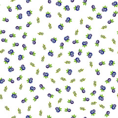 Seamless pattern with ripe blueberries on white isolated background. Watercolor illustration