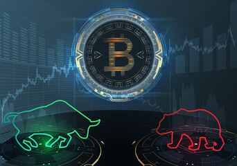 Bull and bear silhouettes and bitcoin symbol.