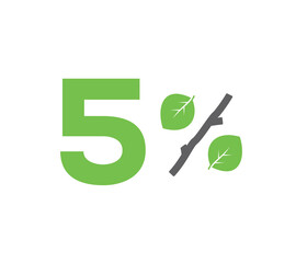 Vector green 5% text designed with leaves and a stick (branch) percent icon isolated on white background. For spring sale campaigns. 