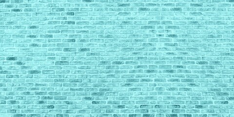 Bright turquoise old shabby brick wall wide texture. Light teal pastel color brickwork widescreen...