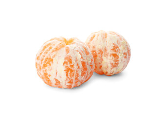 Peeled fresh tangerines on white background. Citrus fruit