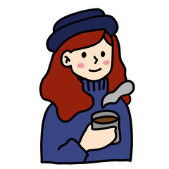 Simple hand drawing of a young woman wearing blue sweater and blue hat, holding coffee mug in her right hand