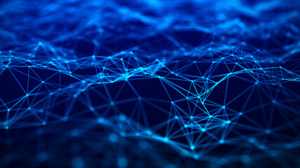 Abstract wave with moving dots and lines. Flow of particles. Cyber technology illustration. 3d rendering