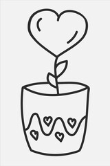 Hand drawn doodle pot with heart shaped flower just about love or for Valentine's day.
