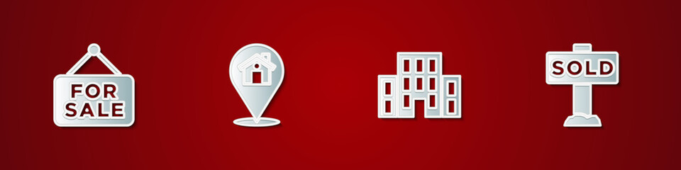 Set Hanging sign with For Sale, Location house, House and text Sold icon. Vector.