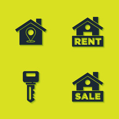 Set Location with house, Hanging sign Sale, House key and Rent icon. Vector.