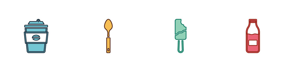 Set Coffee cup to go, Spoon, Ice cream and Bottle with milk icon. Vector.