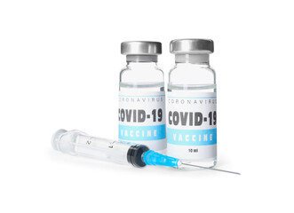 Vials with vaccine against coronavirus and syringe on white background