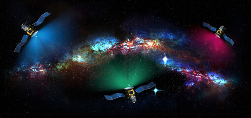 Satellites exploring the deep space and galaxies in the universe - 3d illustration