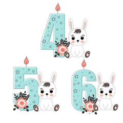 Cute cartoon a rabbit. Perfect for greeting cards, party invitations, posters, stickers, pin, scrapbooking, icons. Birthday concept. Set of a numbers a four to six