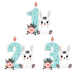 Cute cartoon a rabbit. Perfect for greeting cards, party invitations, posters, stickers, pin, scrapbooking, icons. Birthday concept. Set of a numbers a one to three