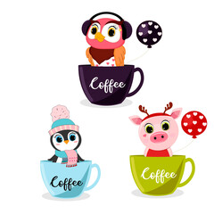 Cute cartoon an animals in cup. Perfect for greeting cards, party invitations, posters, stickers, pin, scrapbooking, icons. Birthday concept. Set of an animals owl, penguin, piggy