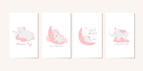 Set of cute animal poster for nursery. Hand drawn illustration for greeting cards, kids, and baby t-shirts wear.