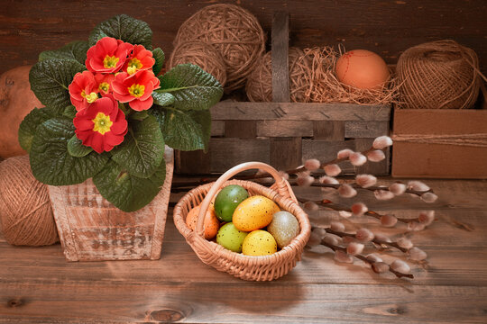 Easter eggs in wattle basket. Primrose flowers and bunch of pussy willow twigs. Vintage rustic interior. Arrangement on dark rustic wooden table. Retro toned image of Easter decorations.in low key.