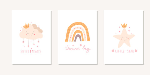 Kids posters with little sun, rainbow, and cloud vector illustration