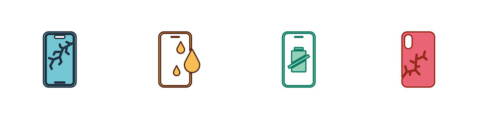 Set Mobile with broken screen, Waterproof phone, Smartphone battery charge and icon. Vector.