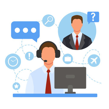 A man in headphones with a microphone at the computer. Office work. Online customer service. Helping clients. Illustration for call center, support, hotline, telemarketing. Vector in flat style.
