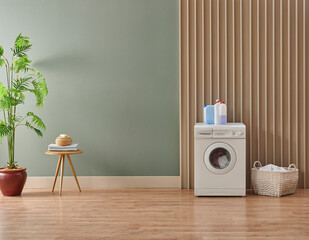 Washing machine in the green and wooden wall style with dirty clothes, laundry room style with...