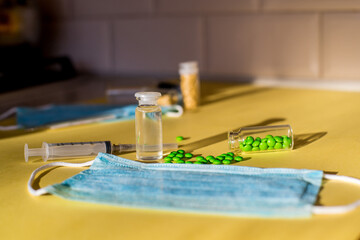 Development and creation of coronavirus vaccine COVID-19 .Coronavirus Vaccine concept in hand of doctor blue vaccine jar. Vaccine Concept of fight against coronavirus.
