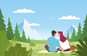 Couple in park. Happy man and woman in love on picnic, people back view romantic weekend in nature, beautiful summer landscape. Love and relationships vector flat cartoon concept