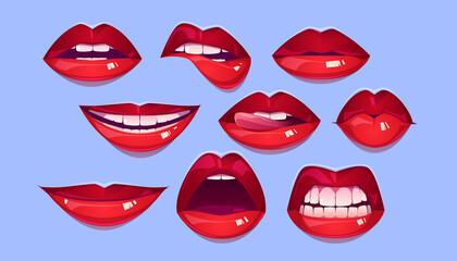 Fototapeta na wymiar Female red lips, sexy woman mouth with smile, kiss, bite, teeth and tongue. Vector cartoon collection of sensual mouth with glamour makeup by lipstick or gloss isolated on skin color background