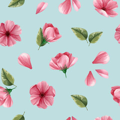 Bouquet of pink flowers with green leaf seamless pattern. Leaves, petals, buds isolated on white background. Natural wallpaper. Spring feminine ornament for print