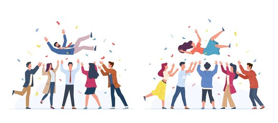 Tossing in air. People group throwing colleague, birthday celebrating, victory congratulate, business team achievements, happy characters rejoice in victory vector cartoon flat set