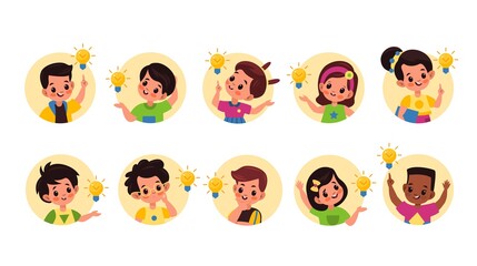 Kids idea lamp. Happy cute children in round frames with ideas and lamps sings, little pupils boys and girls founded right solution, imagination and innovation symbol vector cartoon set