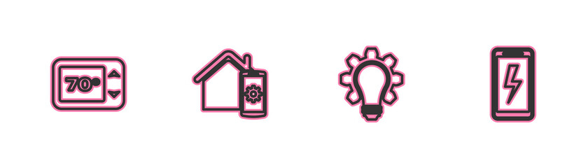 Set line Thermostat, Light bulb and gear, Smart home remote control system and Mobile charging battery icon. Vector.