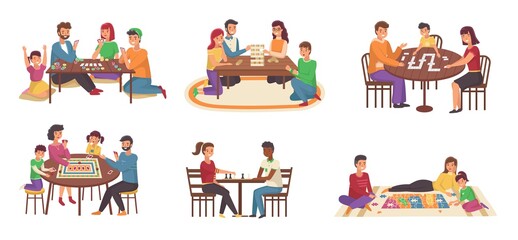 People board games. Happy families play chess and poker, domino and puzzles. Joint home activities, friendly communication, collective hobby, parents and children indoors vector set