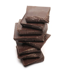 Chocolate bar pieces stack pile isolated on white background