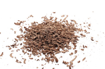 Chocolate shavings, grated flakes pile isolated on white background
