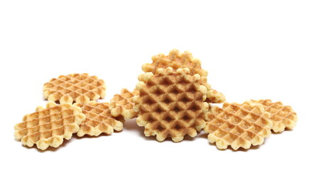 Butter waffles, Belgian breakfast pastry dessert pile isolated on white background