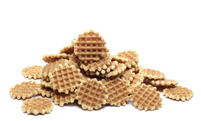 Butter waffles, Belgian breakfast pastry dessert pile isolated on white background