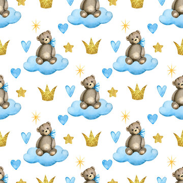 Teddy bear seamless pattern for baby boy. Watercolor hand painted seamless pattern of starlight night with cute clouds and stars for baby boy..